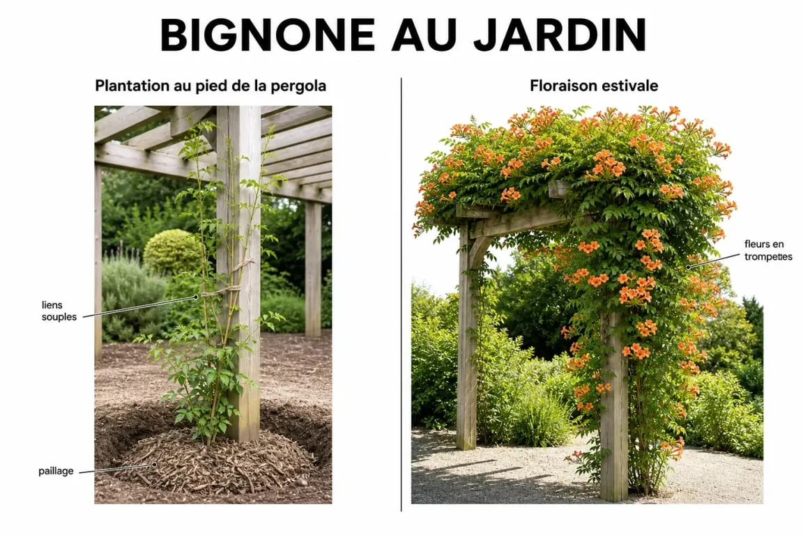 Bignone pergola : plantation au pied d'une pergola puis pergola couverte de fleurs orange