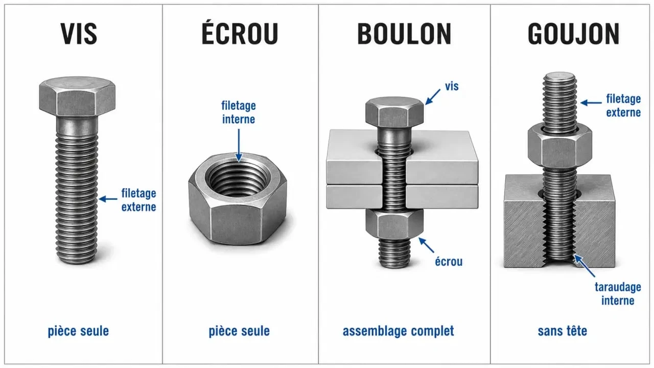 Boulon écrou différence : schéma comparatif de vis, écrou, boulon et goujon