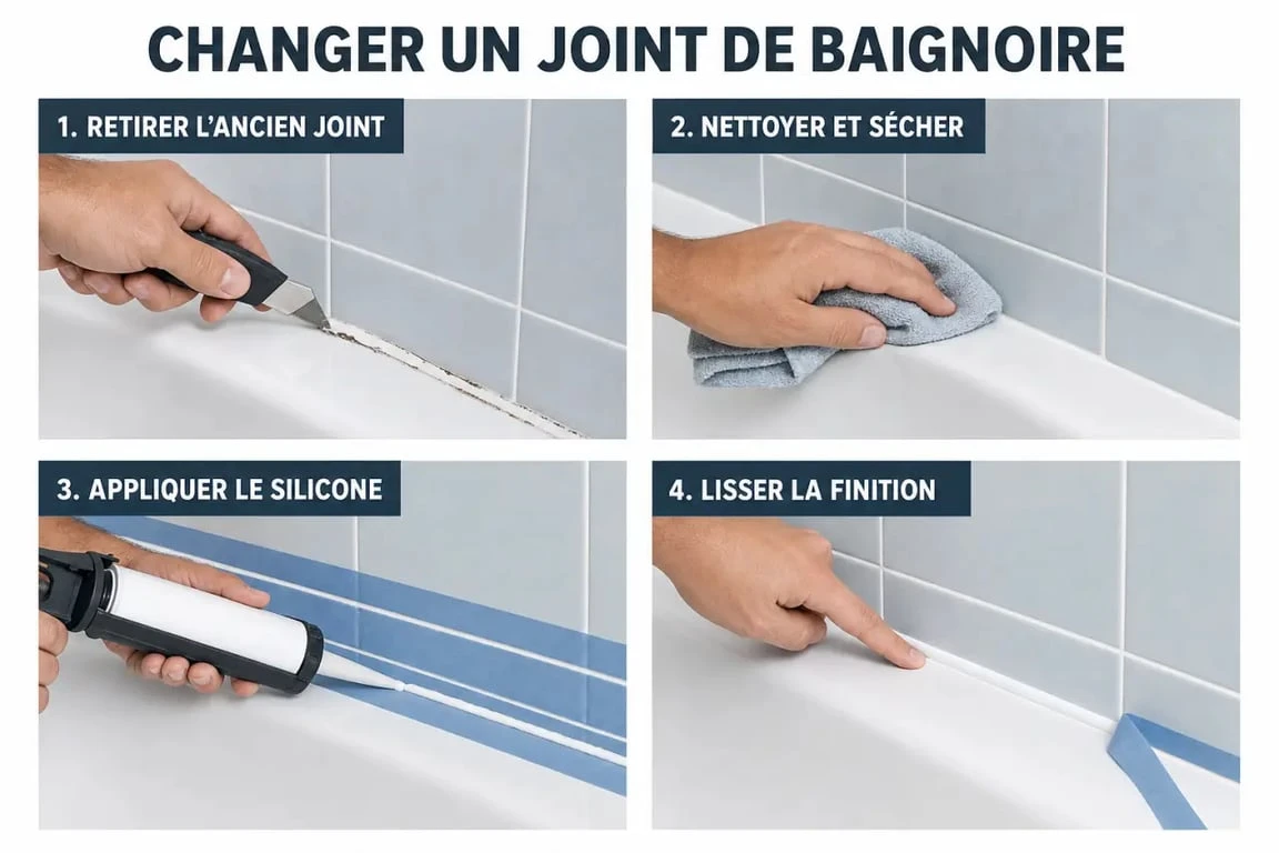 Changer joints baignoire : illustration pas à pas pour retirer, nettoyer, poser et lisser un joint silicone