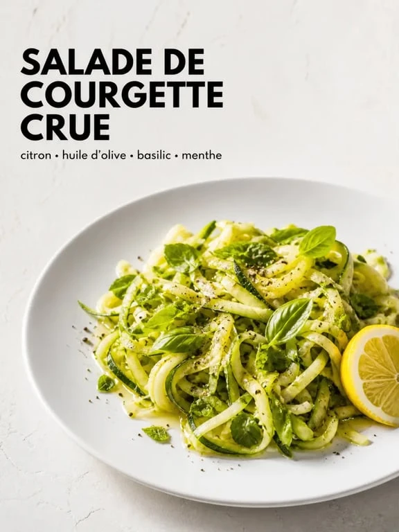 Salade de courgette rapée servie fraîche avec citron et herbes sur assiette blanche