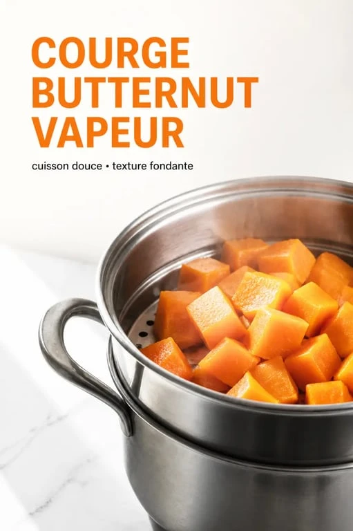 Cuisson butternut vapeur : cubes de courge réguliers dans un panier vapeur