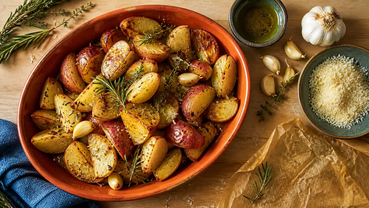 Pomme de terre rouge utilisation : rôties à l’ail et au parmesan sur planche en bois