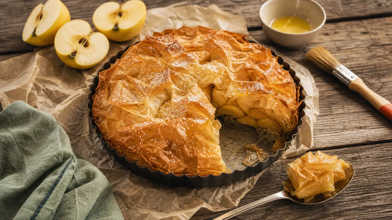 Pomme pate filo dorée et croustillante, moule tarte