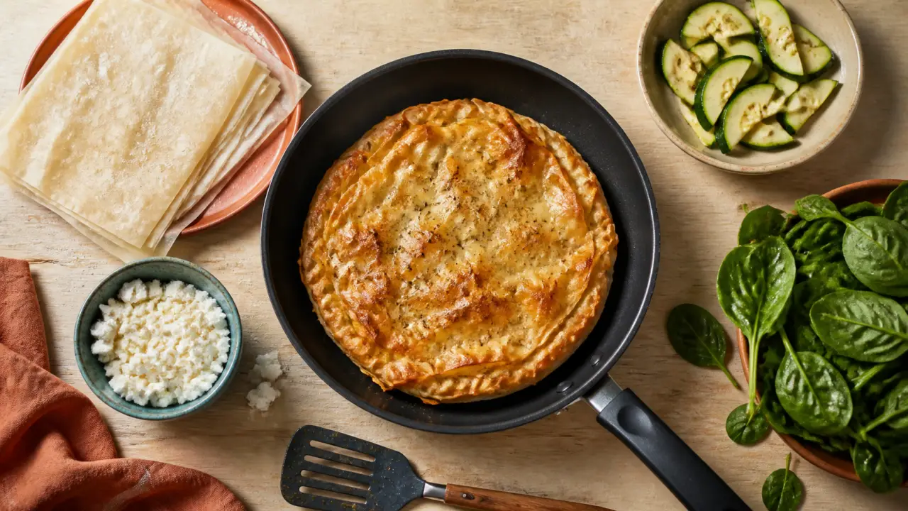 Recette pâte filo à la poêle : tarte salée croustillante à la feta et aux légumes