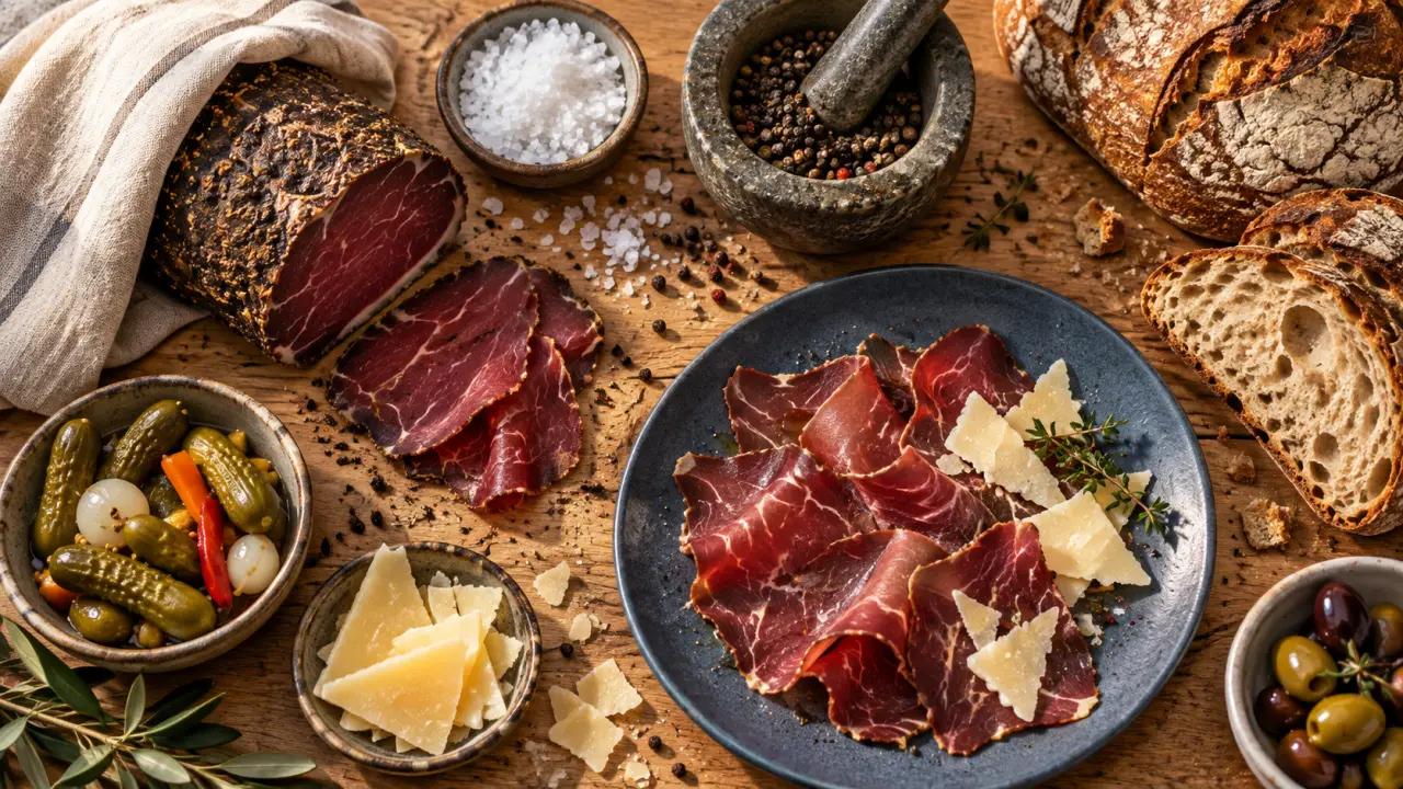 Boeuf seche maison : tranches de boeuf sur planche avec sel
