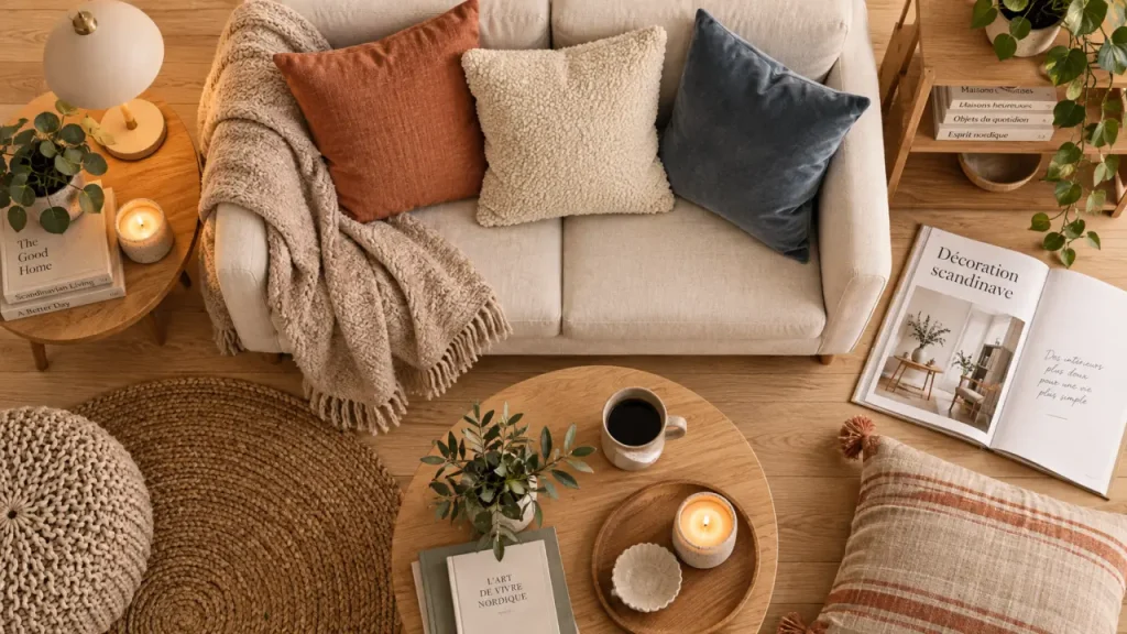 Déco scandinave cocooning : salon clair et chaleureux, canapé en tissu écru, plaid en laine