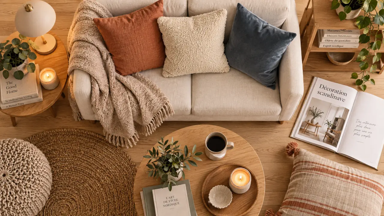 Déco scandinave cocooning : salon clair et chaleureux, canapé en tissu écru, plaid en laine