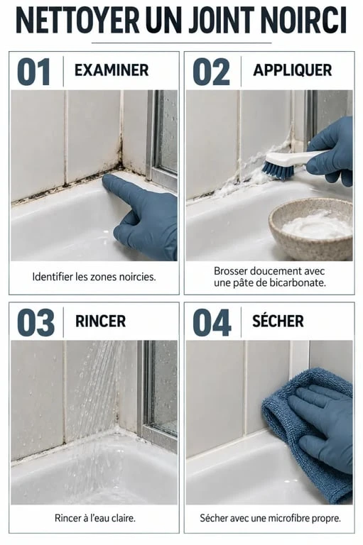 Étapes pour nettoyer un joint de salle de bain noirci avec bicarbonate et brosse douce