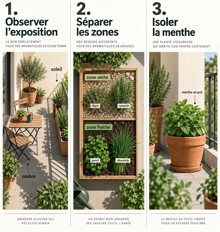 Illustration des étapes pour créer un potager aromatique avec zones sèches et fraîches