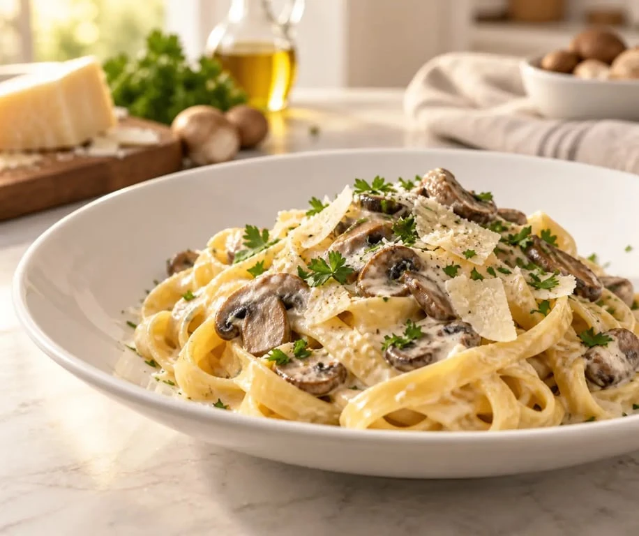 Recette avec des pâtes fraîches : tagliatelles aux champignons, crème et parmesan