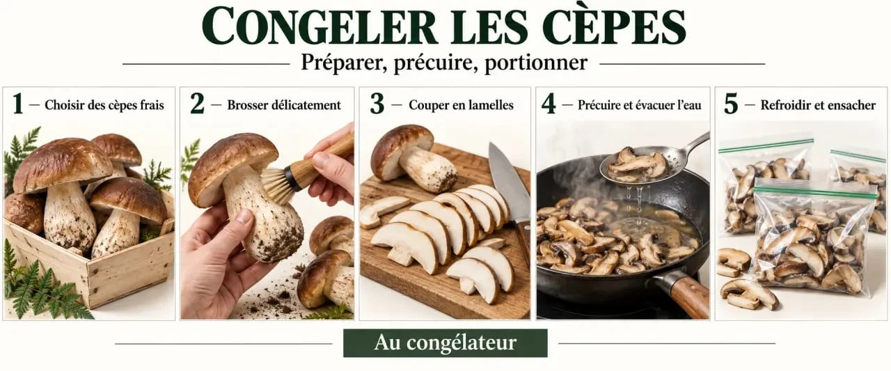 Étapes pour congeler des cèpes après nettoyage, découpe et précuisson