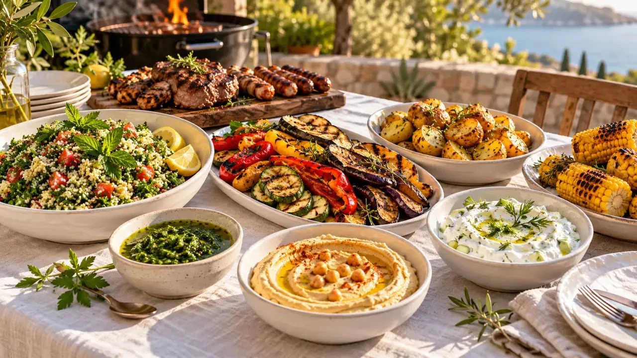 Idée accompagnement barbecue avec taboulé, légumes grillés, pommes de terre, maïs et sauces
