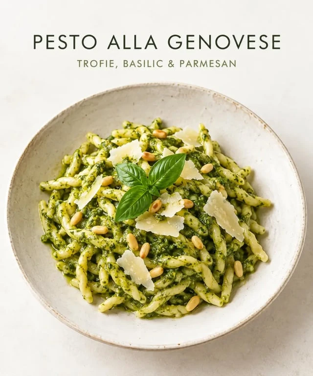 Pesto recette italienne alla Genovese servi avec des trofie