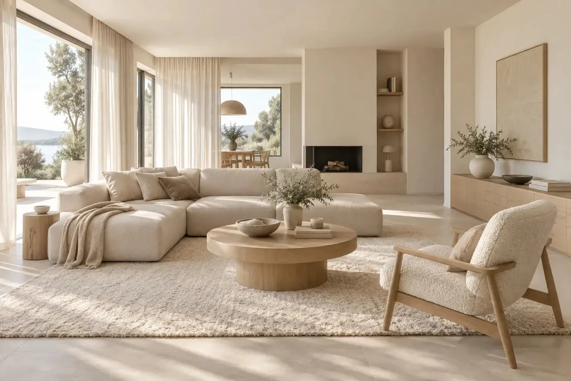 Salon en décoration scandinave cocooning avec canapé beige, bois clair et textiles chaleureux