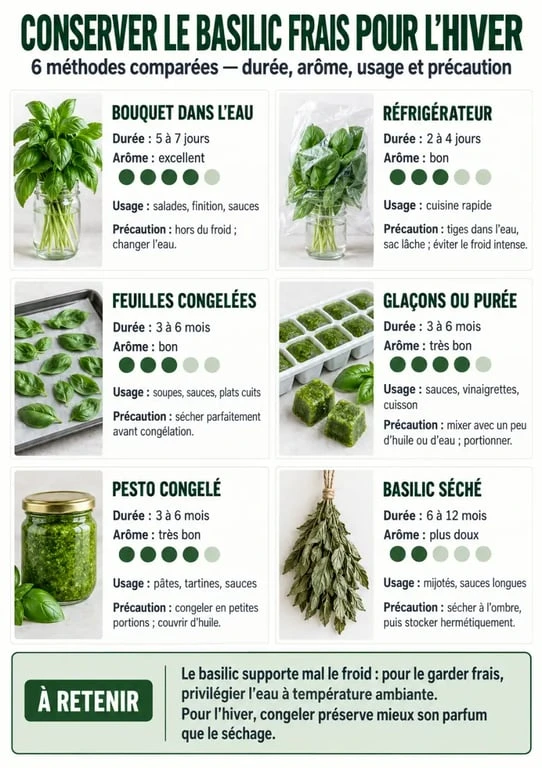 Infographie sur comment conserver le basilic frais pour l’hiver selon la méthode choisie
