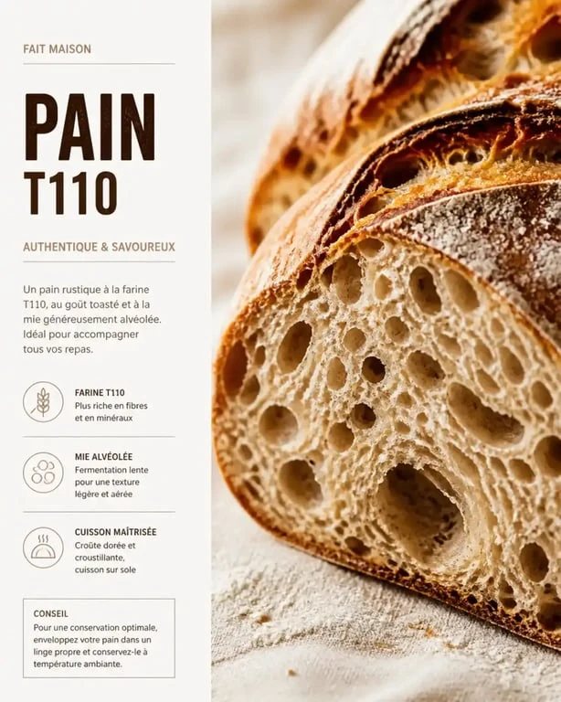 Pain rustique à la farine T110 avec une mie alvéolée et une croûte dorée