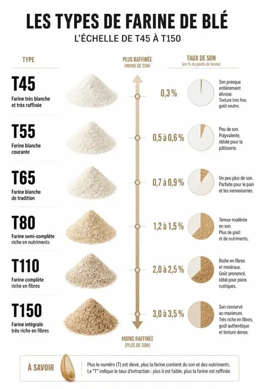 Comparatif des types de farine T45 à T150 selon le taux de cendres
