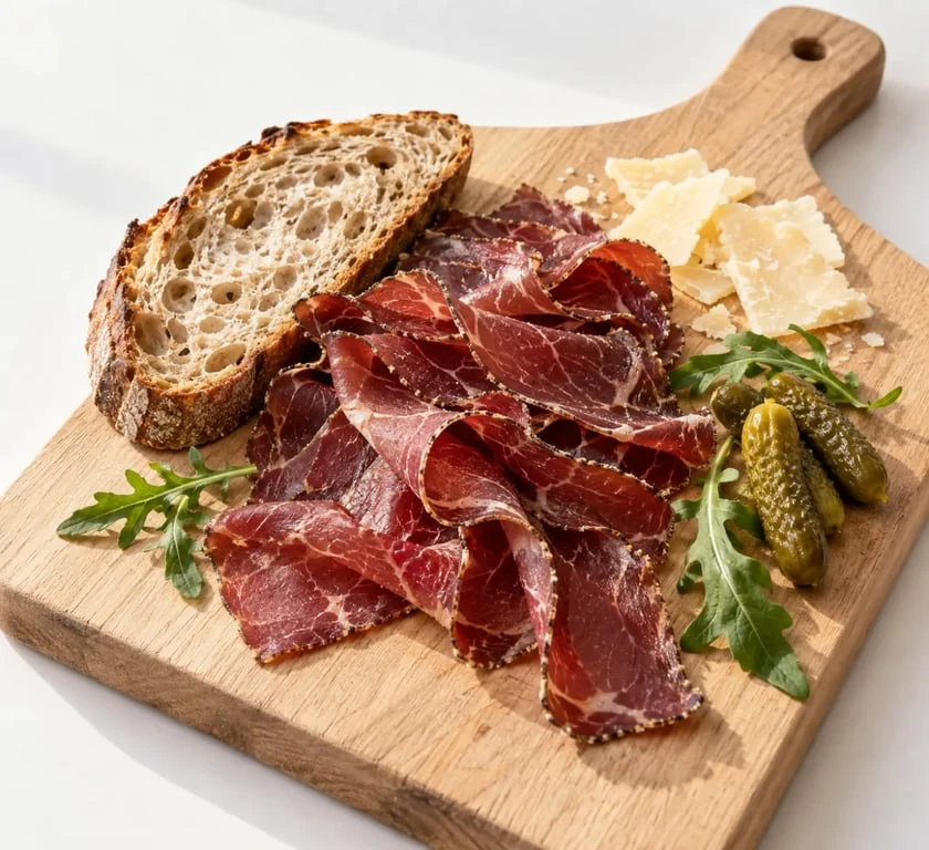 Bœuf séché maison tranché finement avec pain, fromage et pickles