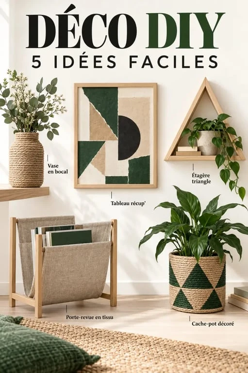 Déco fait maison facile avec vase en corde, rangement textile, étagère triangle et cache-pot