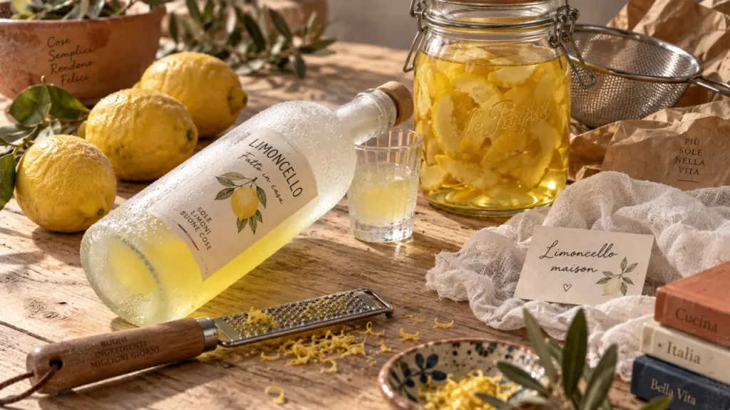 Limoncello maison recette italienne, 10 jours de macération, limoncello très froid
