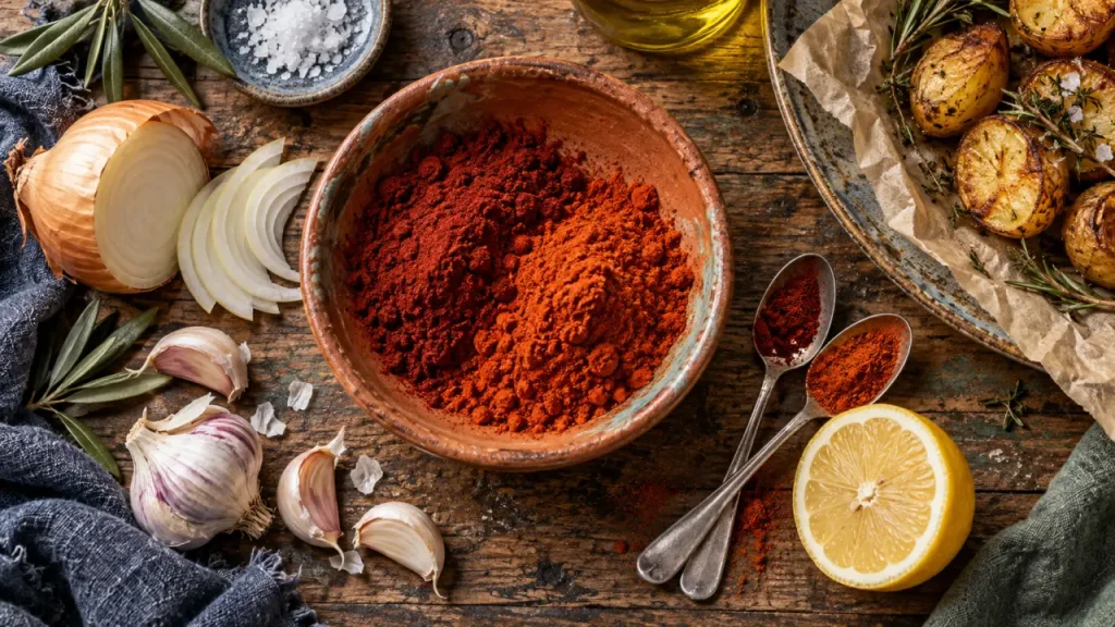 Paprika en cuisine : bol de paprika rouge fumé et doux sur planche en bois