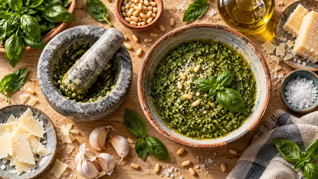 Pesto recette italienne au basilic vert, sauce génoise soyeuse