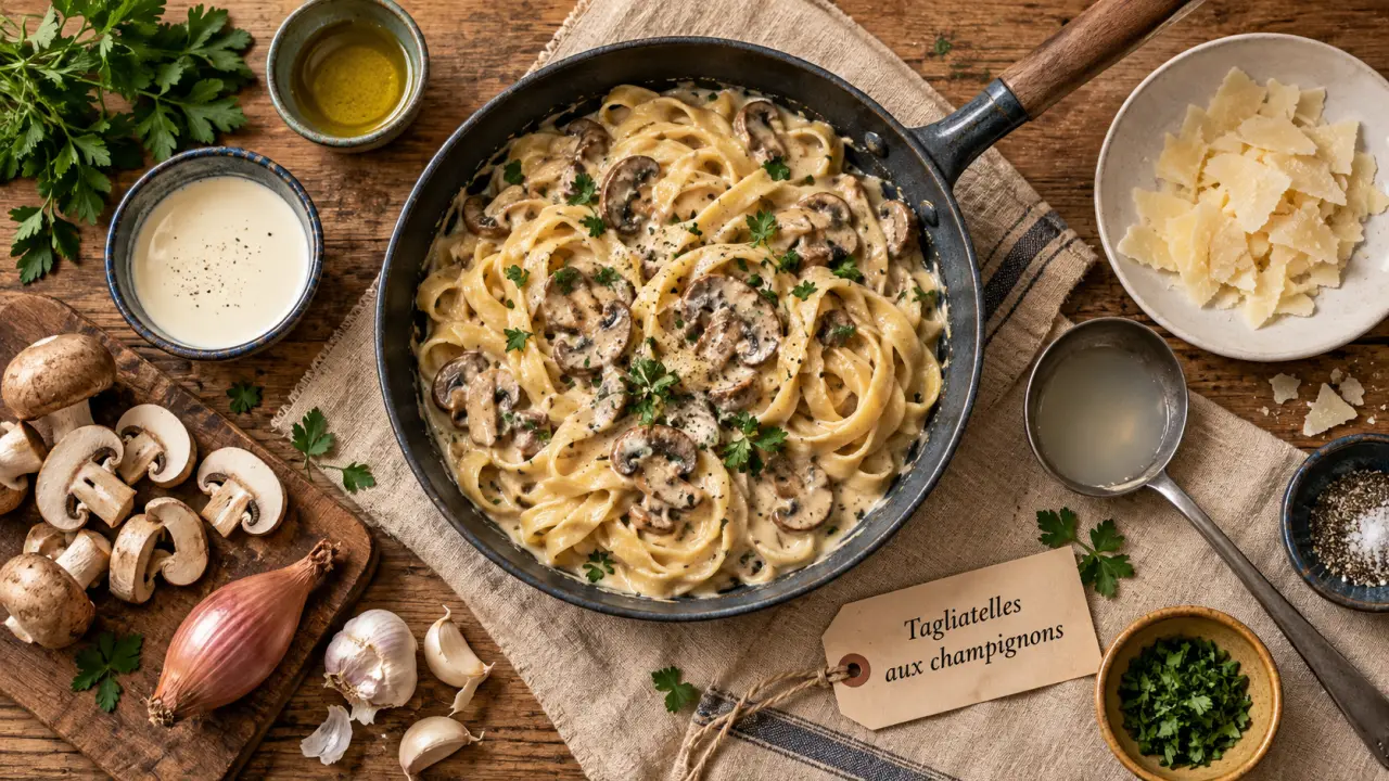 Recette avec des pates fraiches : tagliatelles aux champignons, crème et parmesan