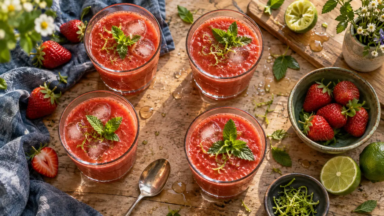 Soupe de fraises sans cuisson au citron vert, très froide, avec fraises et menthe