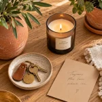 Cadeau déco maison : vase terracotta, bougie parfumée et carte kraft