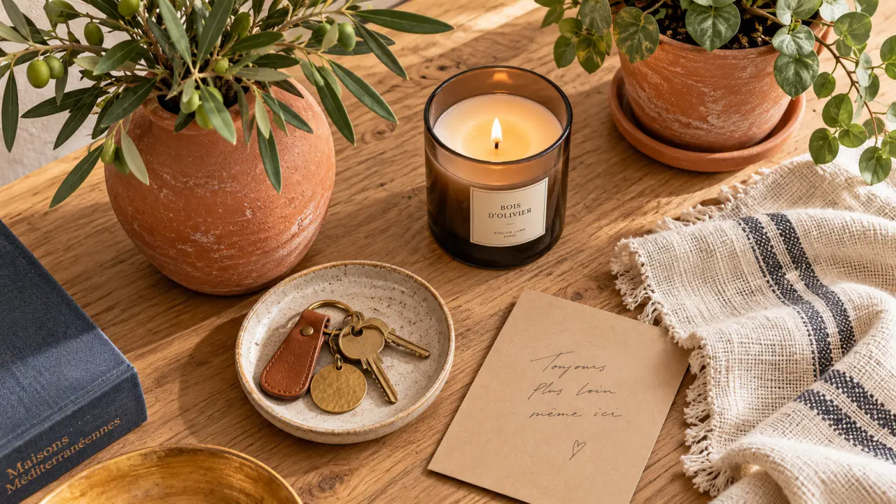 Cadeau déco maison : vase terracotta, bougie parfumée et carte kraft