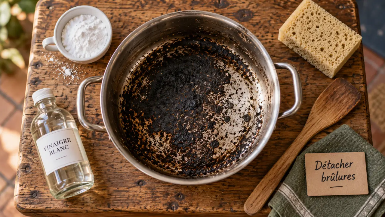 Casserole brûlée nettoyée au bicarbonate et vinaigre