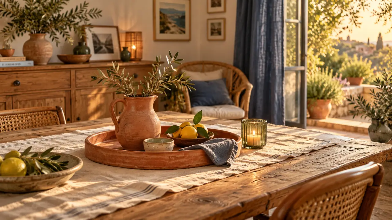 Déco maison de famille : buffet en chêne, nappe en lin et lumière dorée
