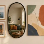 decoration mural tendance : miroir ovale, toile abstraite et cadres photo