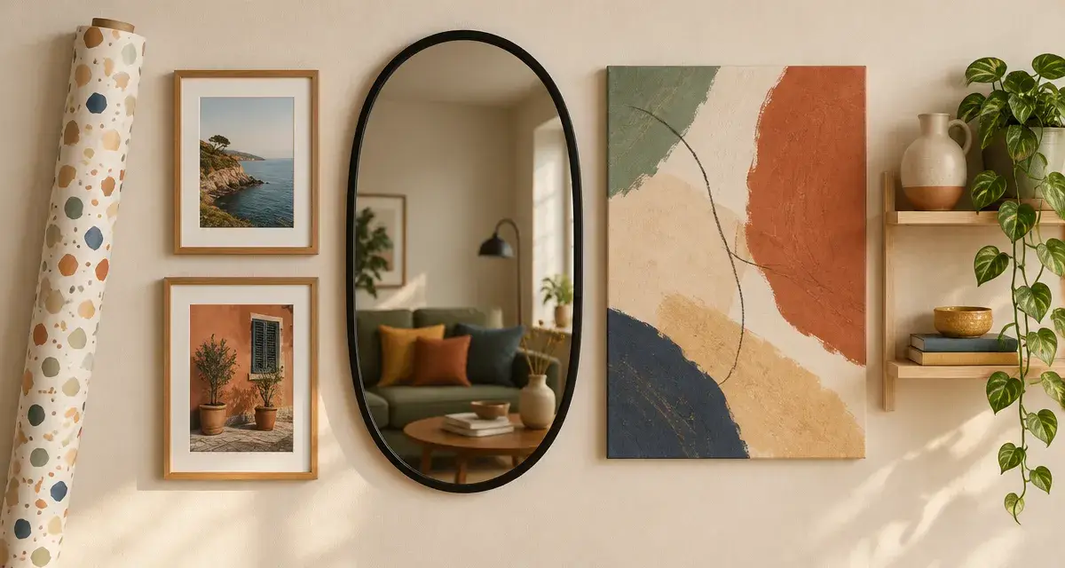 decoration mural tendance : miroir ovale, toile abstraite et cadres photo