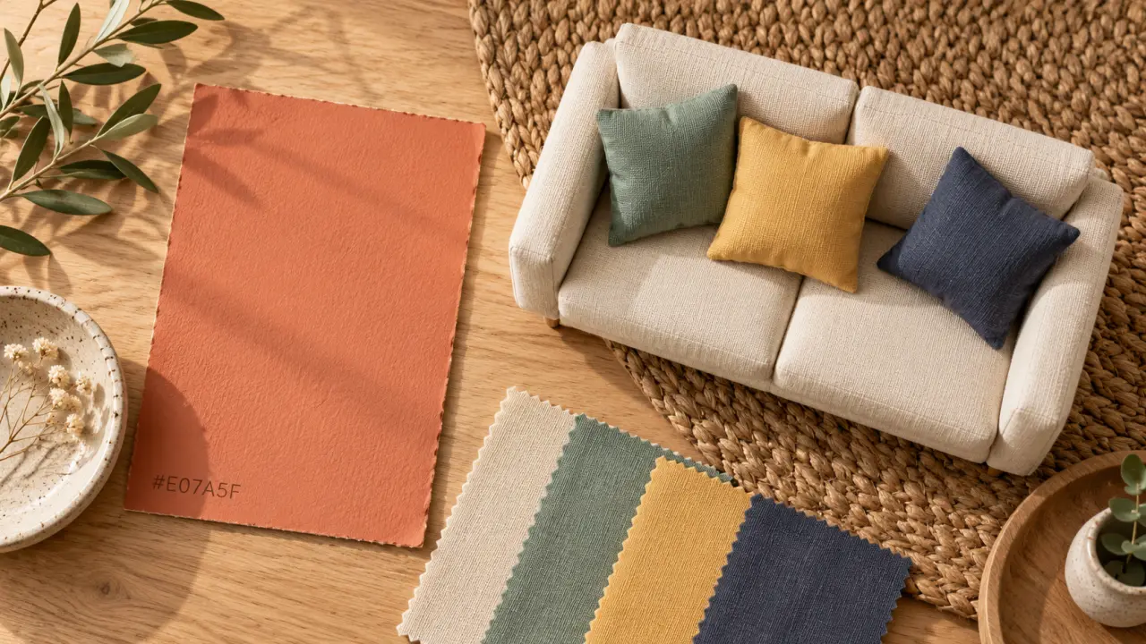Décoration terracotta salon, échantillon rosé sur bois, coussins lin et tapis naturel