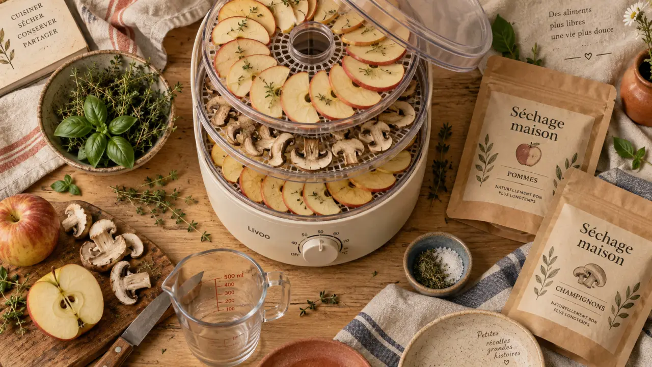 deshydrateur alimentaire avec 5 à 9 plateaux : tranches de pommes et champignons