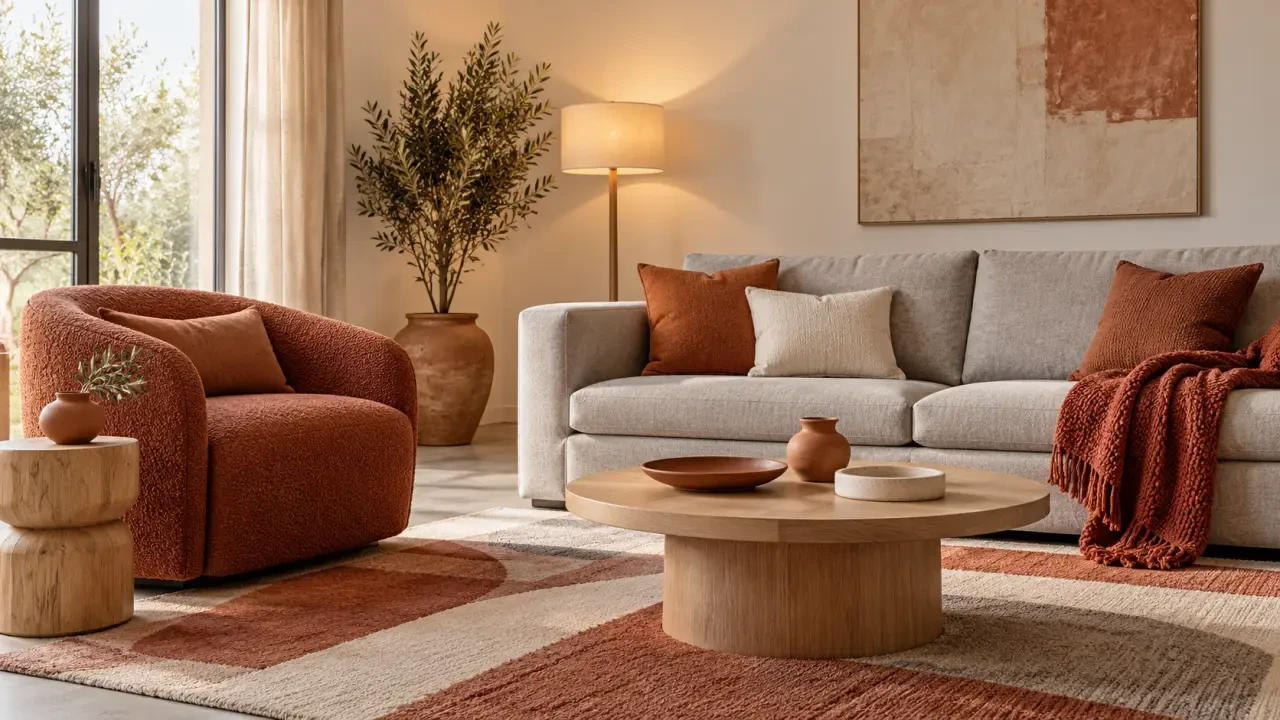 Décoration terracotta salon dans un petit espace avec fauteuil, coussins et accessoires couleur argile