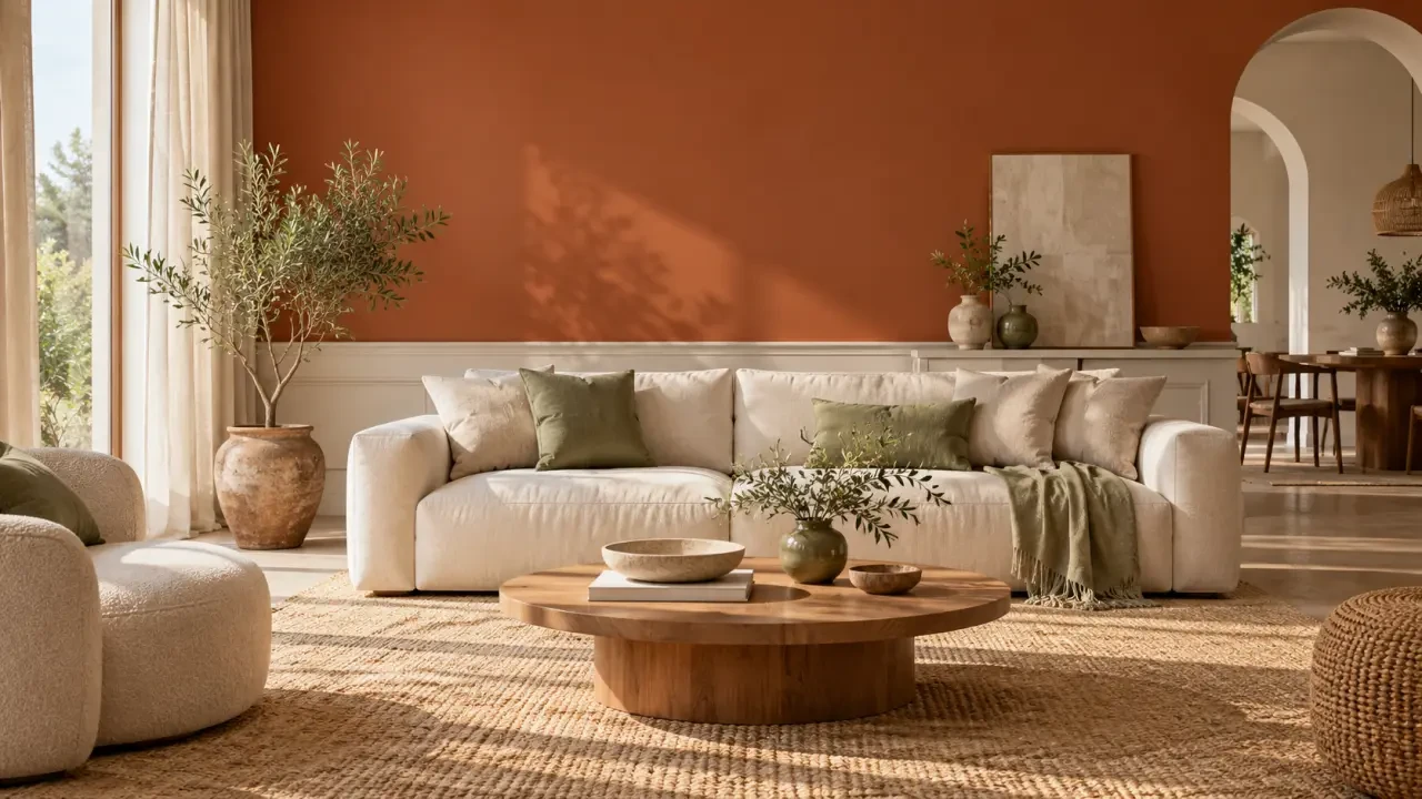 Décoration terracotta salon avec mur terre cuite, canapé écru et touches de vert sauge