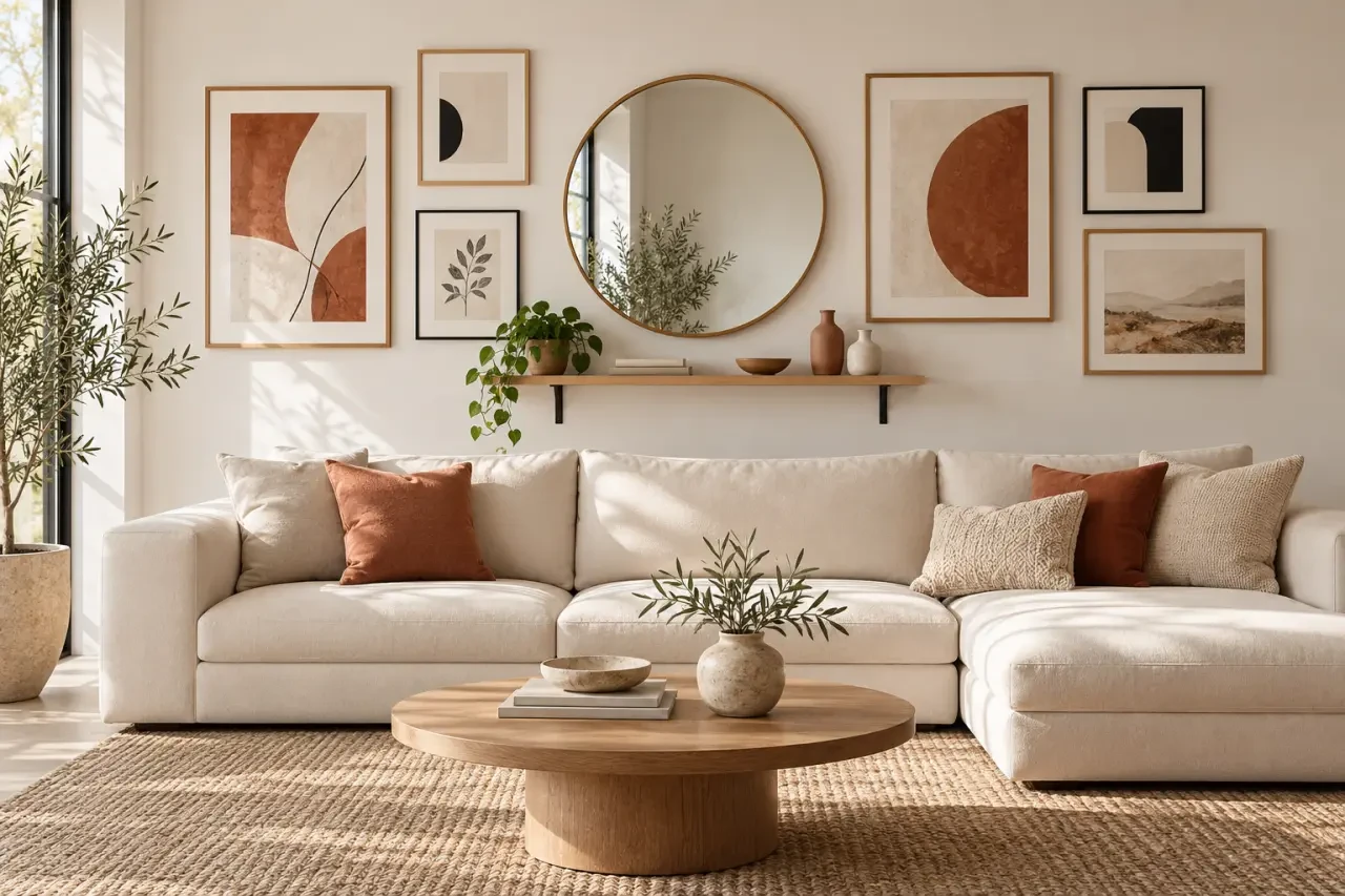 Décoration murale tendance avec mur galerie, miroir et cadres dans un salon