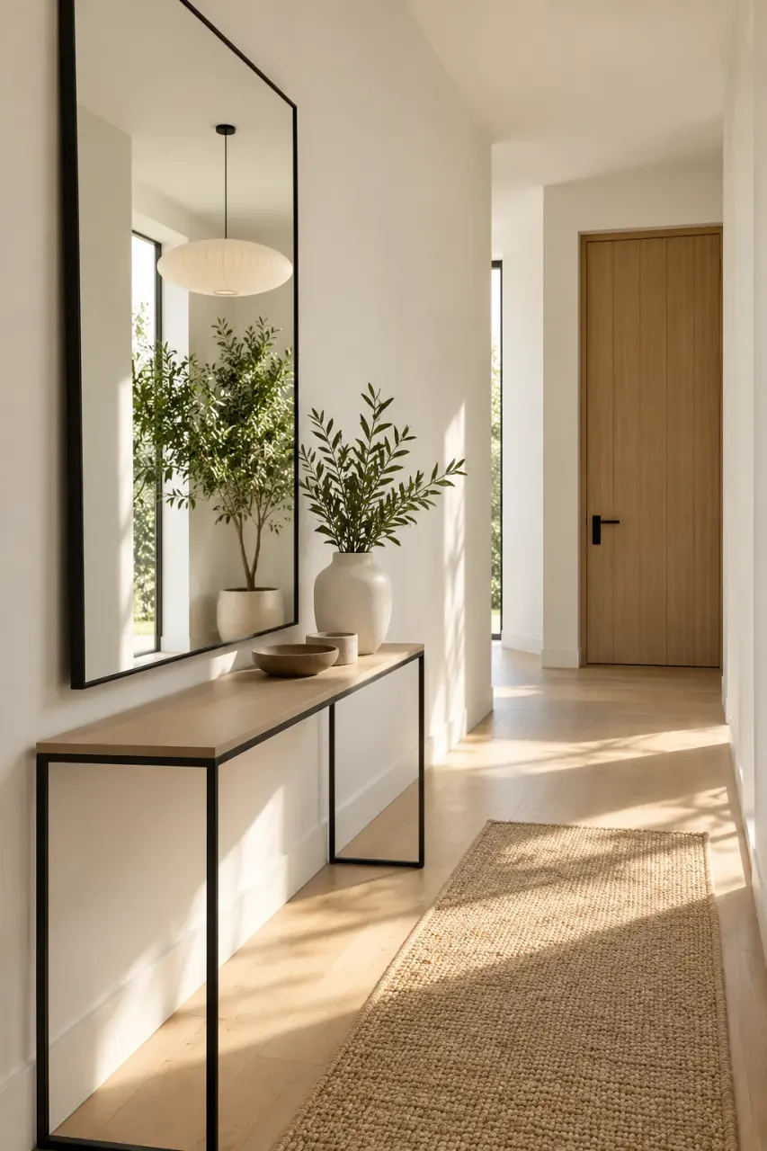 Décoration murale tendance avec miroir vertical dans une entrée étroite