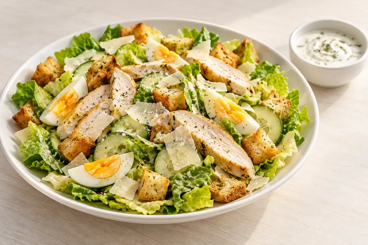 Que faire avec du blanc de poulet cuit froid : salade complète au poulet, concombre, œuf et croûtons