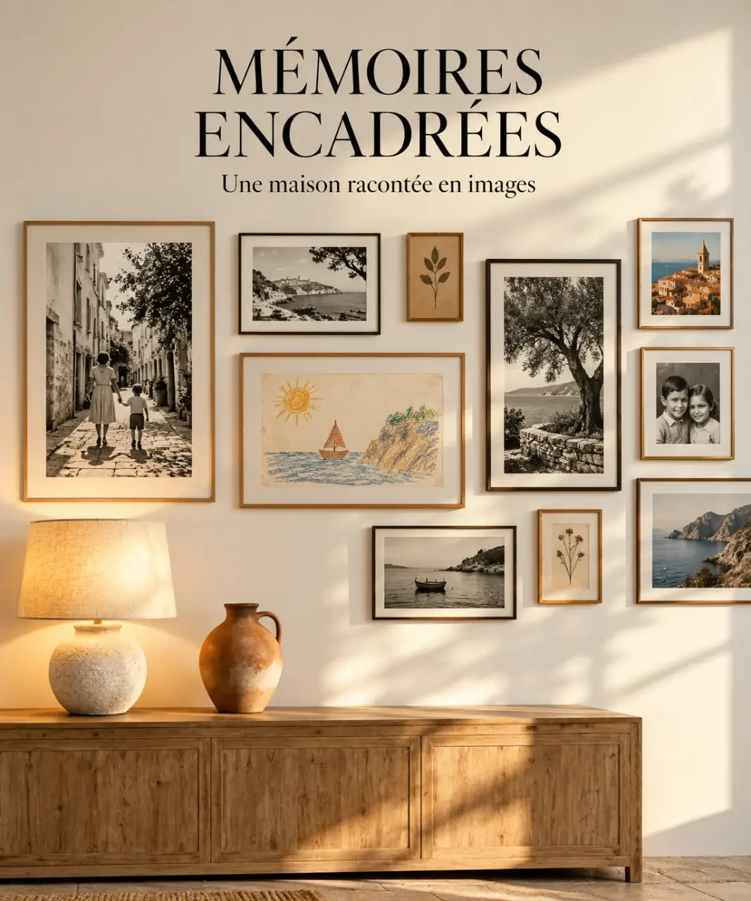 Mur de cadres et éclairage chaleureux dans une déco maison de famille