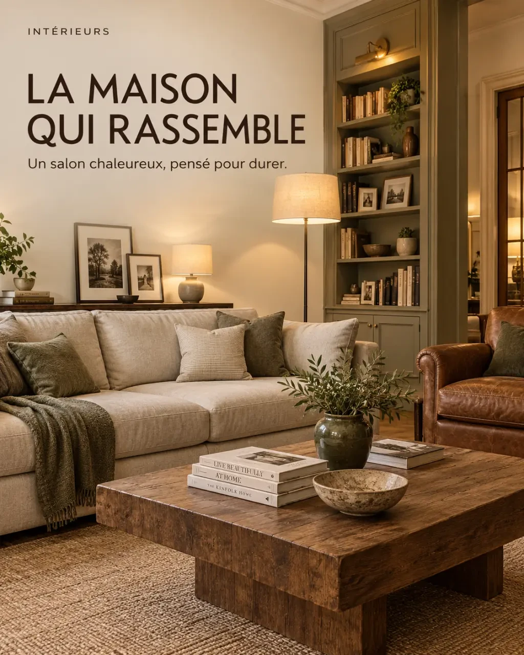 Salon chaleureux illustrant une déco maison de famille avec meubles en bois et photos encadrées