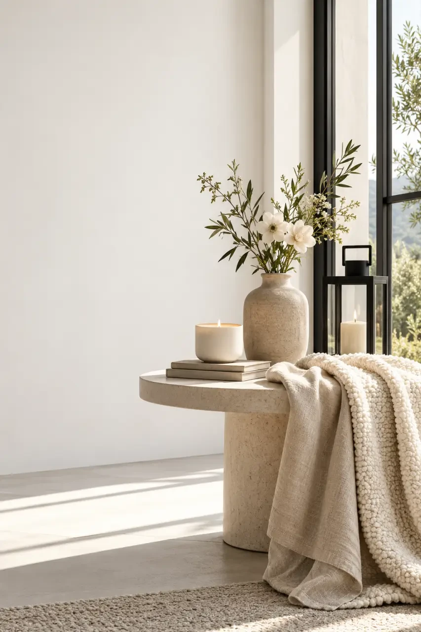 Cadeau déco maison cocooning avec bougie, plaid, vase et lanterne selon la saison