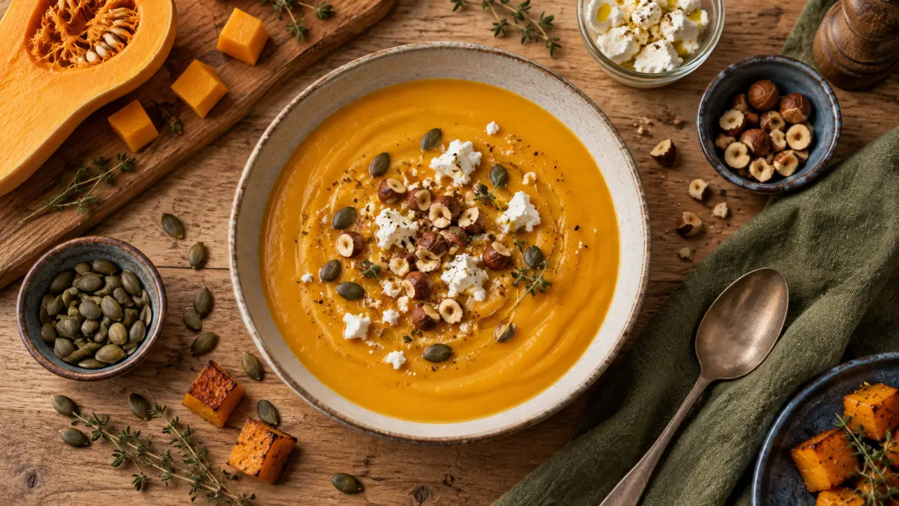Entrée automne : velouté de butternut au chèvre frais