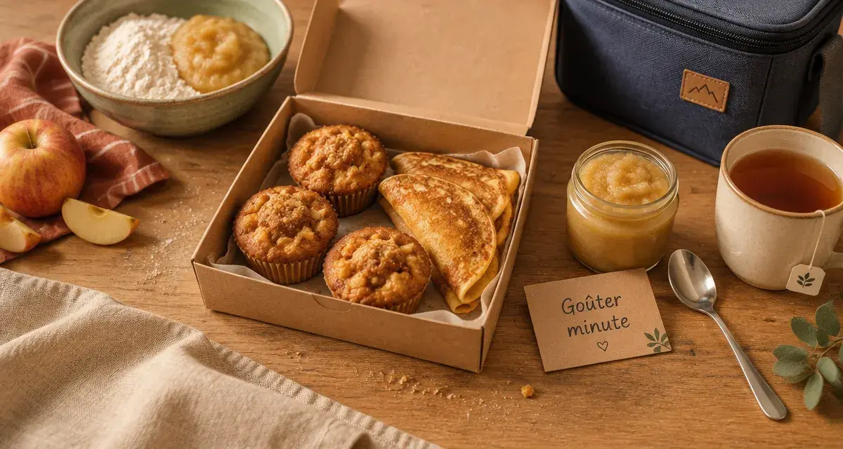 Goûter fait maison rapide : muffins pomme-compote et pancakes sur table en bois