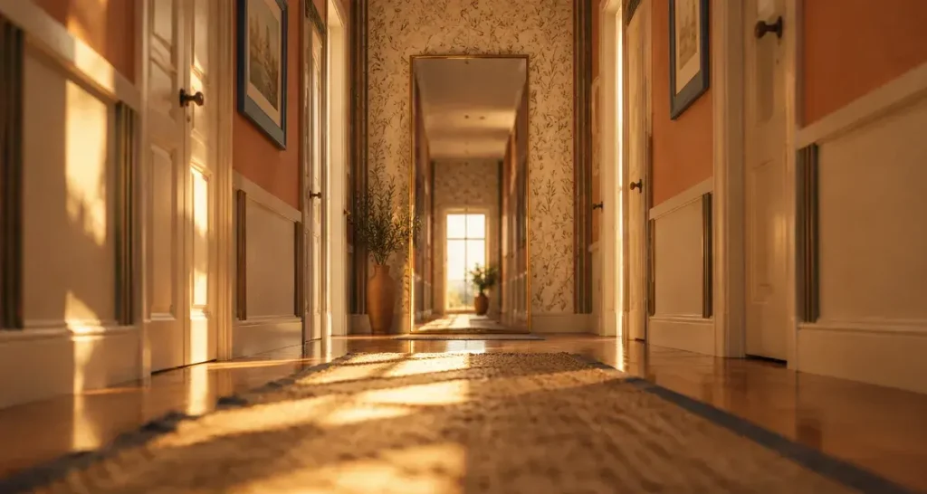 Idee deco couloir long : couloir étroit, papier peint clair et grand miroir pleine hauteur