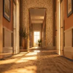 Idee deco couloir long : couloir étroit, papier peint clair et grand miroir pleine hauteur