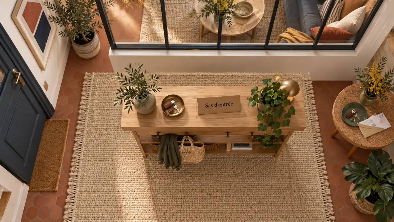 Idée separation entree salon : tapis et console créent un sas d’entrée lumineux