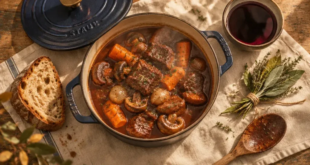 Plats mijotés traditionnels : bœuf bourguignon mijoté, cocotte en fonte